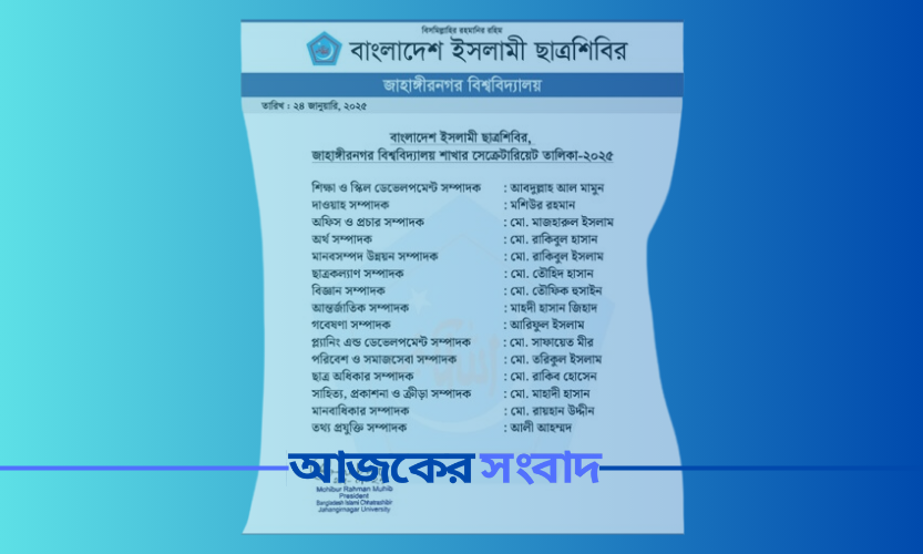 বাংলাদেশ ইসলামী ছাত্রশিবিরের জাবি শাখার পূর্ণাঙ্গ কমিটি ঘোষণা